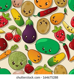 Seamless kawaii pattern with fruits and vegetables