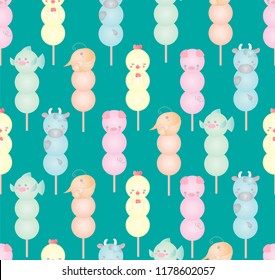 Seamless kawaii pattern grilled meatballs cartoon.Cute animal character design in pink,yellow,blue,green and rainbow pastel color.Wallpaper with facial food emoticon.Vector illustration.
