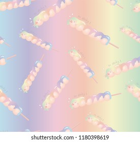 Seamless kawaii pattern grilled meatballs in sauce cartoon.Cute character design. Pink,yellow,blue,green,violet,yellow and rainbow pastel color.Wallpaper and facial food emoticon.Vector background