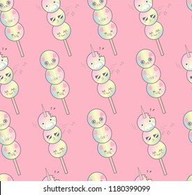 Seamless kawaii pattern grilled meatballs with pig cartoon.Cute character design in pink,yellow,blue,green and rainbow pastel color.Wallpaper with facial food emoticon.Vector illustration.Background.