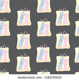 Seamless kawaii pattern grilled meatballs cartoon.Cute character design in pink and blue pastel color.Wallpaper with facial food emoticon.Vector illustration.