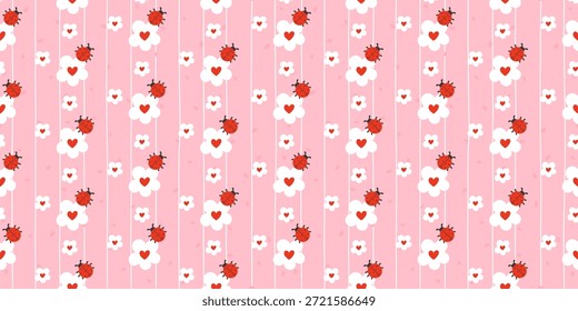 Seamless kawaii pattern with ladybugs, chamomile flowers, and daisies in soft pastel tones. Cute vector design perfect for kids textiles, nursery decor, and wrapping paper