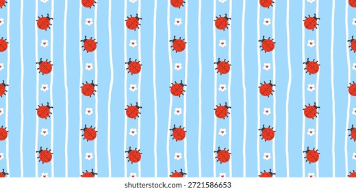 Patrón kawaii sin costuras con mariquitas, flores de manzanilla y margaritas en tonos pastel suaves. Diseño lindo del Vector perfecto para los textiles de los niños, la decoración del vivero, y el papel de embalaje