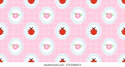 Patrón kawaii sin costuras con mariquitas, flores de manzanilla y margaritas en tonos pastel suaves. Diseño lindo del Vector perfecto para los textiles de los niños, la decoración del vivero, y el papel de embalaje