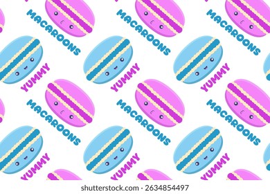 Seamless kawaii pattern with pink and blue macarons, playful text "YUMMY" and "MACAROONS" on transparent background. Perfect for packaging, kids’ designs, and fun branding.

