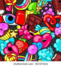 Seamless kawaii pattern with sweets and candies. Crazy sweet-stuff in cartoon style.