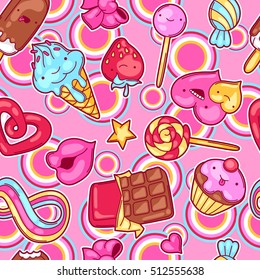 Seamless kawaii pattern with sweets and candies. Crazy sweet-stuff in cartoon style.