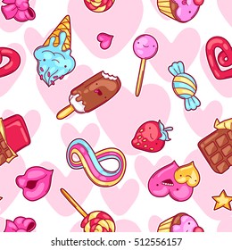 Seamless kawaii pattern with sweets and candies. Crazy sweet-stuff in cartoon style.