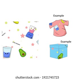 Seamless kawaii patterns with examples of use.
