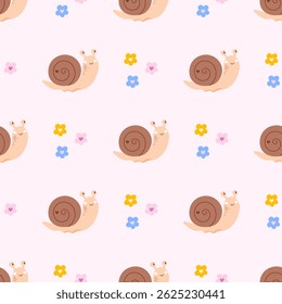 Seamless kawaii snail pattern with soft pastel shells and garden details. Cute vector design perfect for baby textiles, wallpapers, and wrapping paper