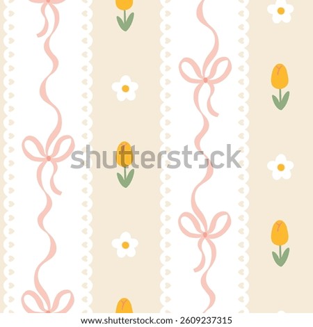 Seamless kawaii spring pattern with pastel bows, tulips, daisies and beige background. Cute girly design perfect for fabrics, wallpapers, and stationery