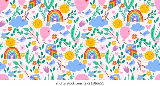 Seamless kawaii spring pattern with rainbows, suns, and clouds in a colorful pastel vector design. Perfect for kids textiles, wallpaper, and wrapping paper