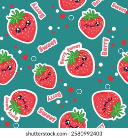 A seamless kawaii strawberry pattern with cute sticker-style strawberries, hearts, and fun text elements on a teal background. Ideal for fabric, wrapping paper, wallpaper, and digital designs 
