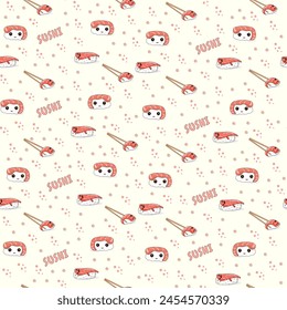 Seamless kawaii sushi pattern. Sushi pattern with funny faces. Japanese food and anime.