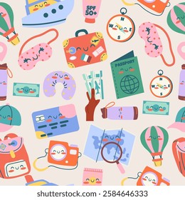 Seamless kawaii travel pattern in flat style