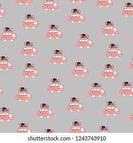Seamless kawaii van pattern on gray background, travel concept for paper print or ornament business. Vector design.