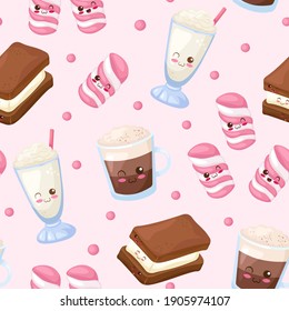 Seamless Kawaii vector pattern. Cartoon hand drawn glass of vanilla milkshake, coffee, cookies and marshmallow on pink background. Doodle food characters illustration for print, card, children menu.