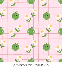 Seamless kawaii watermelon vector seamless pattern with cute faces and floral elements. Summer design for kids textile, wrapping paper, or childrens clothing