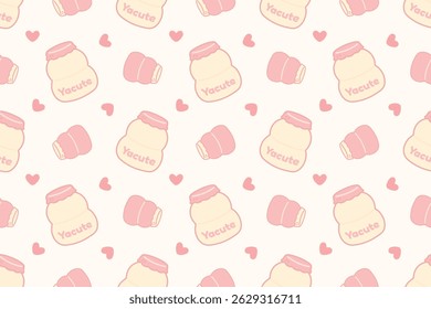 Seamless kawaii yakult drink bottle pattern with hearts in soft pastel pink and cream