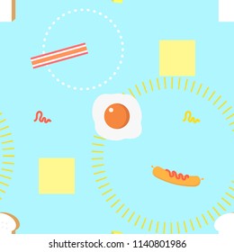 seamless kawaii,cute,sweet,colorful,pastel bread breakfast repeat pattern with egg, bacon, cheese plate, butter,ketchup, and mayonnaise background  flat vector illustration design