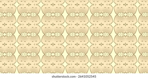 Seamless kawaii-style beige pattern featuring mirrored sleeping animal shapes. Calm and cozy feel suitable for baby products, wallpapers, or soothing visual themes.