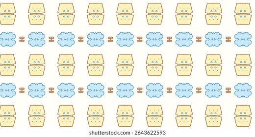 Seamless kawaii-style pattern with crackers, clouds, and minimal elements on a white background. Perfect for children’s products, textiles, or digital wallpaper use.