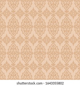 Seamless Kazakh, Arabian, Uzbek style oriental damask islamic muslim pattern in ochre, ivory and beige, colors. Vintage boho ornament for background, textile or wallpapers. Vector stock illustration.