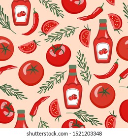 Seamless ketchup sauce pattern with sauce bottles, tomatoes, chili pappers.