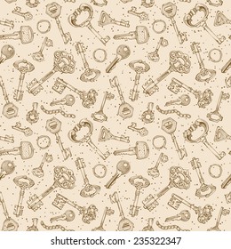 Seamless keys pattern. Various vintage keys in sepia. Sketch texture.