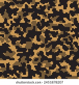 Tejido militar de Vector gráfico caqui sin costuras.  Arte de combate gráfico de color repetido oscuro. Textura de camuflaje de píxeles de guerra sin costuras en negro. Fondo De Camuflaje Digital Marrón. 