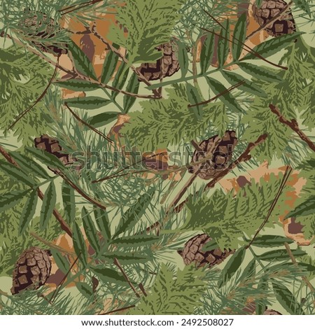 Seamless khaki green camo pattern with forest foliage, nature elements. Leaves, cones, pine needles. Wild nature. For apparel, fabric, textile, sport goods.