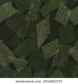Seamless khaki green camouflage pattern with random scattered overlapping tulle pieces, patches. Mesh structure. Random composition. For apparel, fabric, textile, sport goods Grunge texture