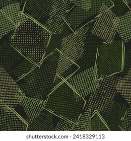 Seamless khaki green camouflage pattern with random scattered overlapping tulle pieces, patches, outline geometric shapes. Random composition. For apparel, fabric, textile, sport goods Grunge texture