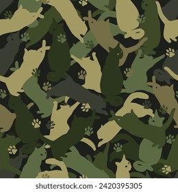 Seamless khaki green camouflage pattern with silhouettes of jumping, playing, sitting cats, paw print. Flat style