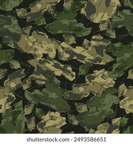 Patrón de camuflaje verde caqui sin costuras con basura forestal, Elementos de la naturaleza. Agujas secas de pino, pedazos de corteza. Naturaleza salvaje. Fondo irregular para ropa, tela, textil, artículos deportivos.