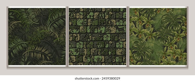 Seamless khaki green camouflage patterns with palm leaves, tropic foliage, brick stone wall. For apparel, fabric, textile, sport goods design.