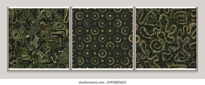 Seamless khaki green camouflage patterns with abstract wavy shapes, swirls, circles, paint brush strokes, blots, spattered paint. Dense random composition. Grunge texture