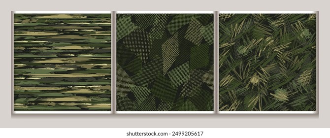 Seamless khaki green camouflage patterns. Abstract lines and shapes. Grunge texture. For apparel, fabric, textile, sport goods.