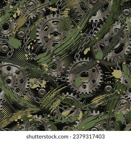 Seamless khaki green pattern with gears, paint splatter, smudge paint brush stroke, dotted halftone texture. For apparel, fabric, textile, sport goods. Not AI