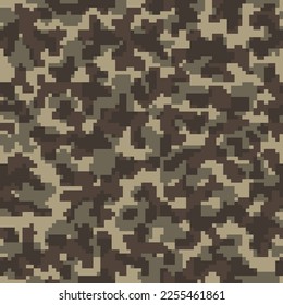 Seamless Khaki Grunge Digital Camouflage Design.  Desert Repeated Colorful Graphic Military Pattern. Black Seamless Modern Geometric Army Fabric. Beige Vector Camo Wallpaper. 