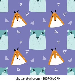 Seamless kid fabric bear fox pattern vector with geometrical shape and doddle for textile, background, wallpaper