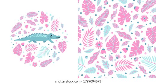 Seamless kid pattern and illustration with crocodile and leaves. Cute pajama design. Childrens background for clothes, T-shirt with print, room interior, invitation card, packaging