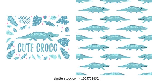 Seamless kid pattern and illustration with crocodile and leaves. Cute pajama design. Childrens background for clothes, T-shirt with print, room interior, invitation card, packaging