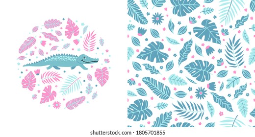 Seamless kid pattern and illustration with crocodile and leaves. Cute pajama design. Childrens background for clothes, T-shirt with print, room interior, invitation card, packaging