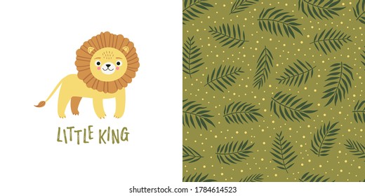 Seamless kid pattern and illustration with lion, lettering little king, and leaves. Cute pajama design. Childrens background for clothes, T-shirt print, room interior, card, packaging