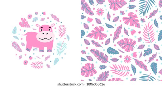 Seamless kid pattern and illustration with pink hippo and leaves in a round shape. Cute pajama design. Childrens background for clothes, T-shirt print, room interior, card, packaging