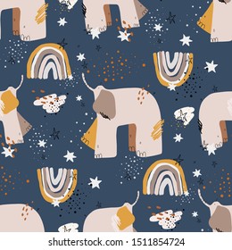 Seamless kid pattern vector illustration of cute colorful elephant, rainbow and stars. Nursery backdrop for fashion fabric, pajama, textile, paper, wallpaper, wrapping, poster and print design.