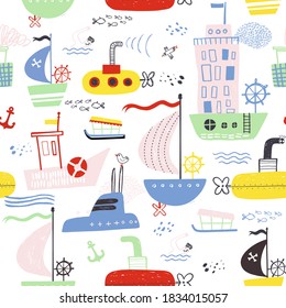 Seamless Kiddish marine pattern. For cards, t-shirt prints, birthday, party invitations, scrapbook, summer holidays. Vector illustration in red, yellow and blue colors