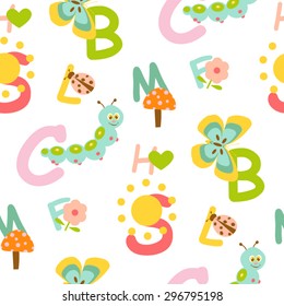 Seamless kids alphabet pattern with cute animal, flower background