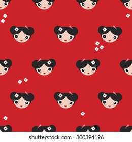 Seamless kids asian girl face and cherry blossom illustration background pattern in vector 